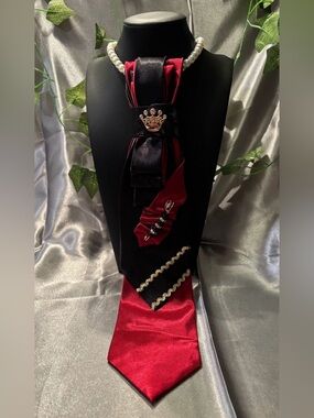 Women Black and Deep Red Satin Decorative Tie with Crown Accent